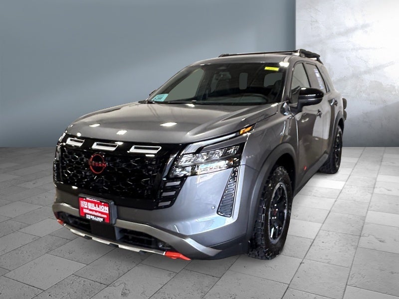 2026 Nissan Pathfinder Rock Creek in Gun Metallic — front three-quarter view